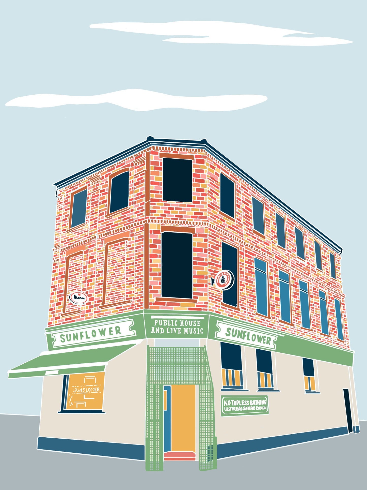 Sunflower Pub Belfast Print: Northern Ireland Illustration